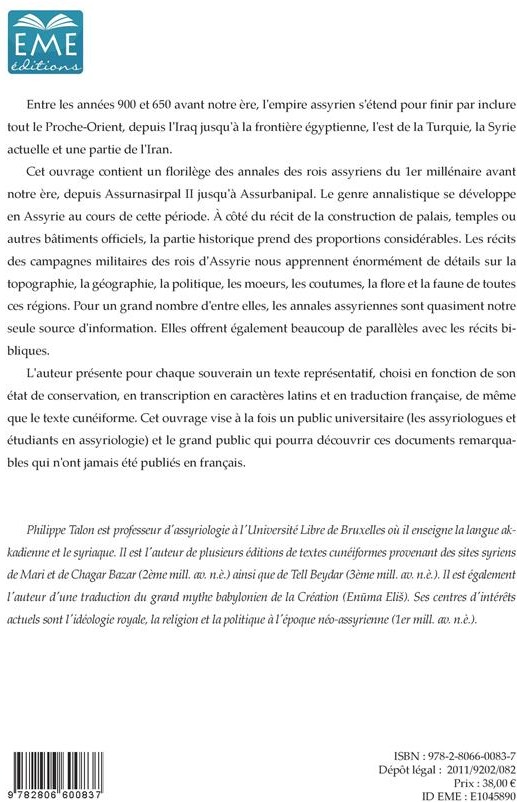Quatrième de couverture de « ANNALES ASSYRIENNES (VOLUME I) - VOL01 - D'ASSURNASIRPAL II A ASSURBANIPAL »