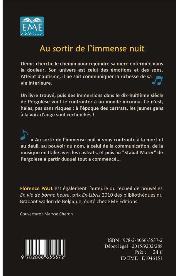 Quatrième de couverture de « AU SORTIR DE L'IMMENSE NUIT »