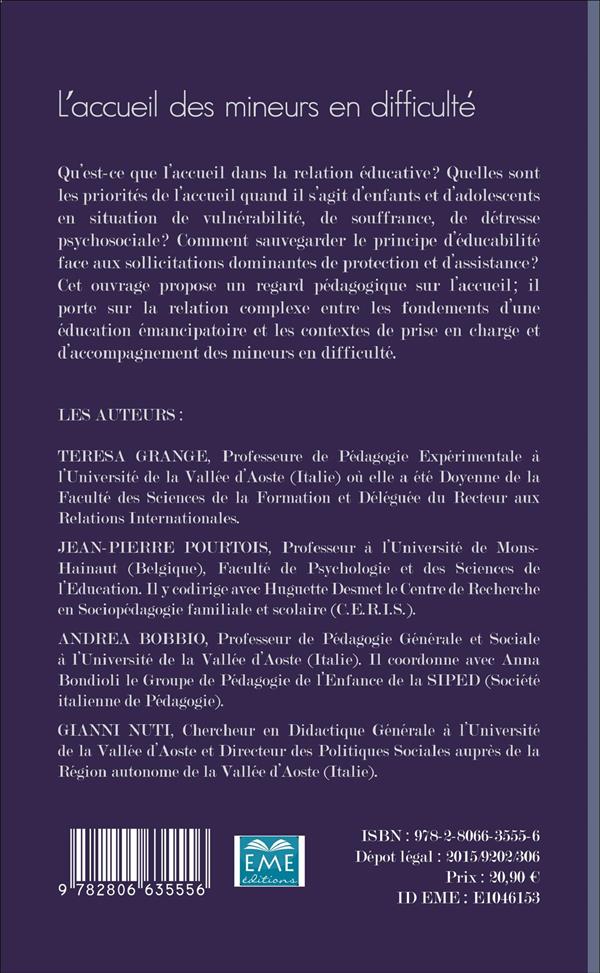 Quatrième de couverture de « L'ACCUEIL DES MINEURS EN DIFFICULTE - EDITION BILINGUE »