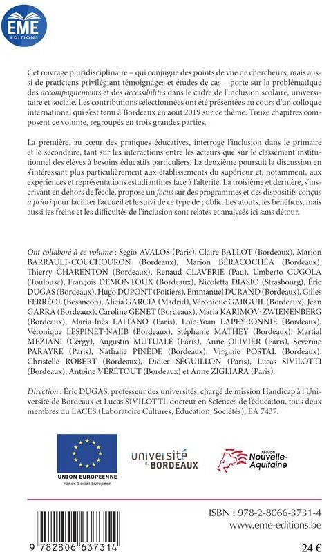 Quatrième de couverture de « INCLURE DANS ET HORS L'ECOLE ? - ACCESSIBILITE, ACCOMPAGNEMENT ET ALTERITES »