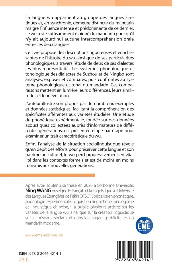 Quatrième de couverture de « La phonologie du wu parlé à Suzhou et à Ningbo »