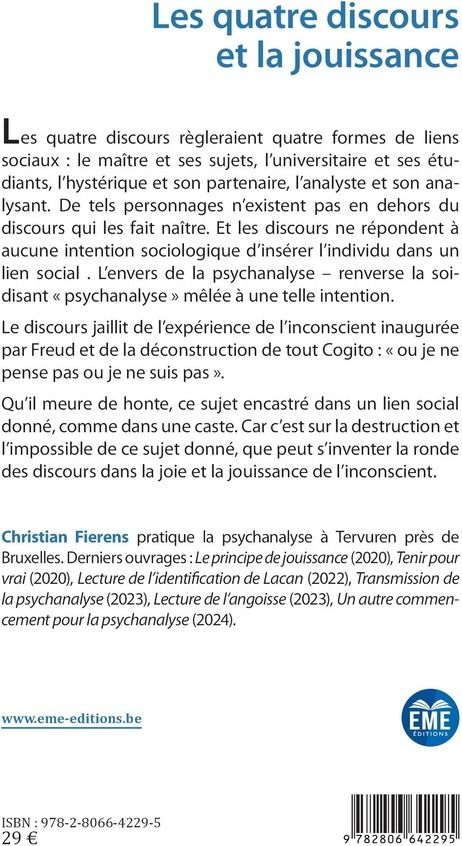 Quatrième de couverture de « Les quatre discours et la jouissance : lecture du séminaire XVII de Jacques Lacan »