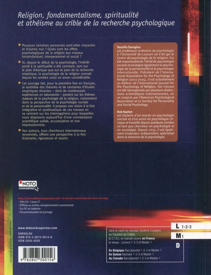 Quatrième de couverture de « PSYCHOLOGIE DE LA RELIGION - DE LA THEORIE AU LABORATOIRE »