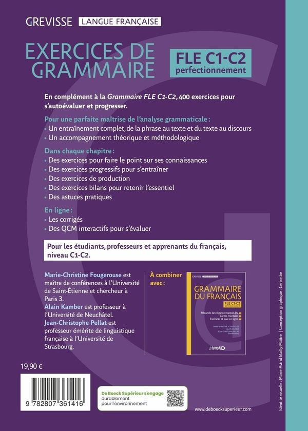 Quatrième de couverture de « Exercices de grammaire : FLE C1-C2, perfectionnement »