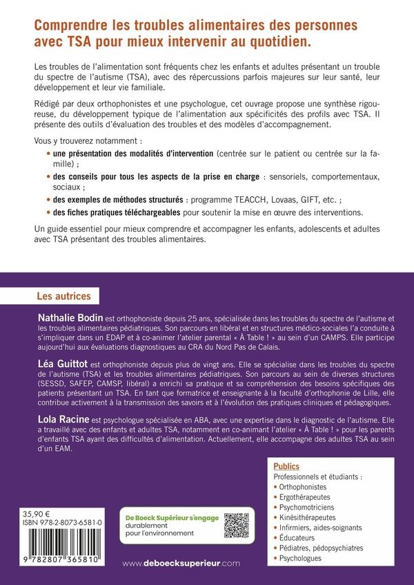 Quatrième de couverture de « Les troubles de l'alimentation chez les enfants et adultes présentant un TSA : évaluation pluridisciplinaire, modèles d'approches thérapeutiques, programmes d'accompagnement et outils pratiques »