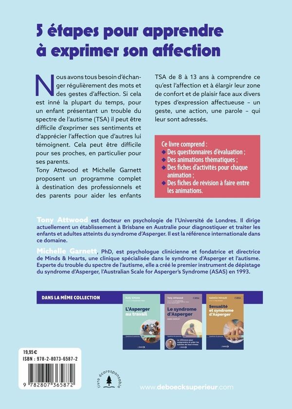 Quatrième de couverture de « J'apprends à exprimer mes sentiments : manuel psychoéducatif pour accompagnants d'enfants avec autisme »