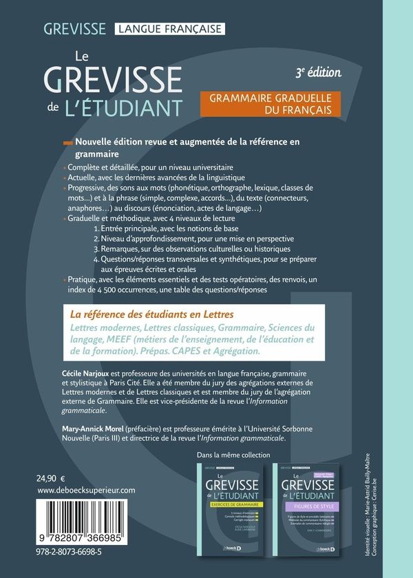 Quatrième de couverture de « Le Grevisse de l'étudiant, grammaire graduelle du français : encadrés thématiques, nombreux exemples, méthode d'analyse »