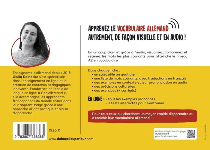 Quatrième de couverture de « Vocabulaire allemand A1-A2 en 1000 mots, 200 cartes mentales et en audio avec geniallemand : 100 exercices et corrigés - 3 tests interactifs »