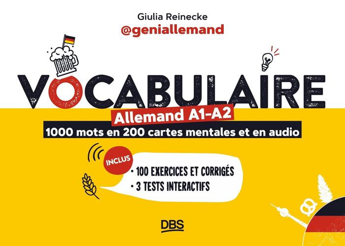Couverture du livre « Vocabulaire allemand A1-A2 en 1000 mots, 200 cartes mentales et en audio avec geniallemand : 100 exercices et corrigés - 3 tests interactifs », librairie Les Contes Infusés à Corte
