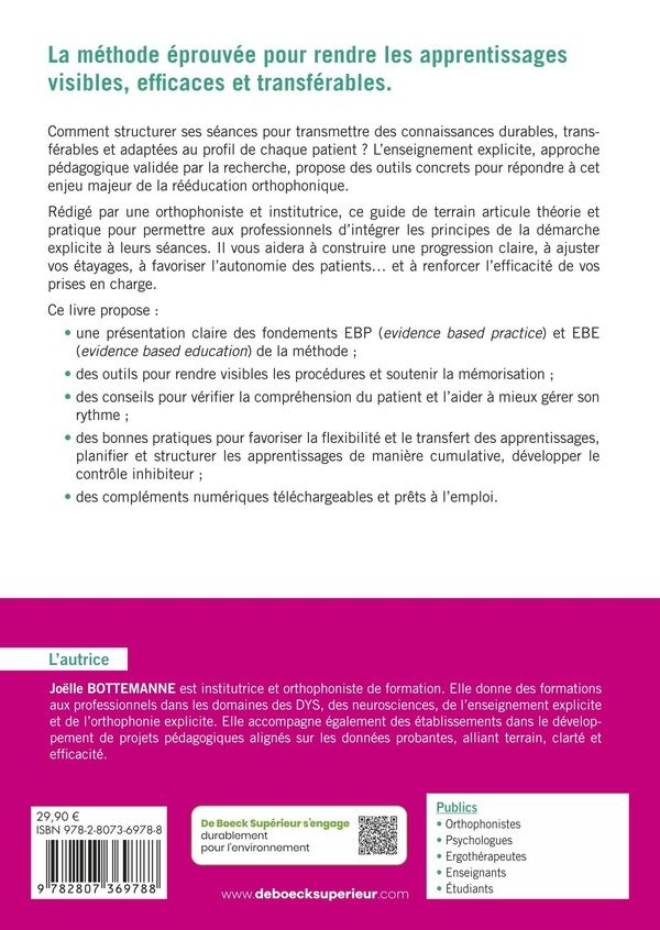 Quatrième de couverture de « Trouble des apprentissages en orthophonie : la méthode explicite au service de la pratique thérapeutique »
