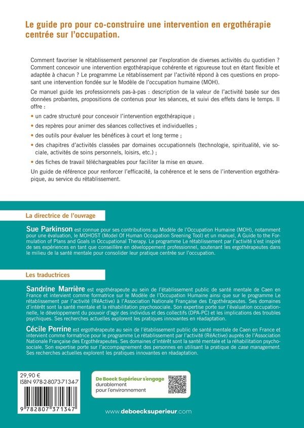 Quatrième de couverture de « Le rétablissement par l'activité : augmenter la participation occupationnelle dans la vie de tous les jours »