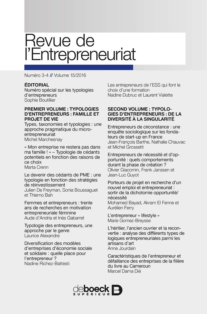 Couverture du livre « REVUE DE L'ENTREPRENEURIAT 2016/3-4 » de Collectif, librairie Les Contes Infusés à Corte