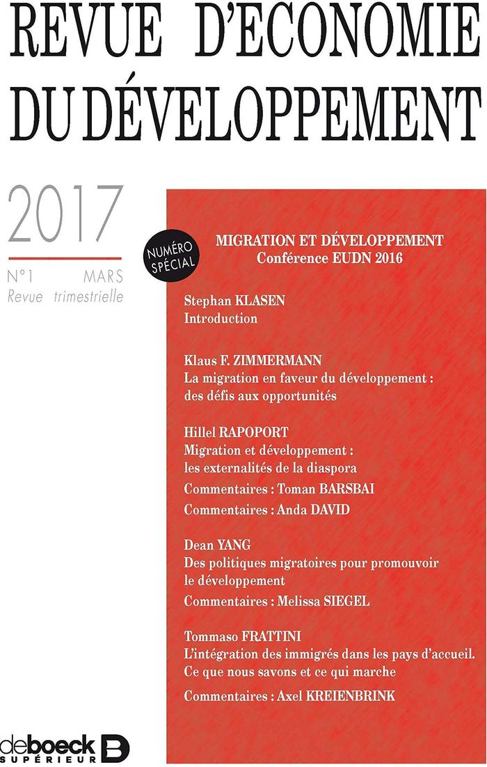 Couverture du livre « REVUE D'ECONOMIE DU DEVELOPPEMENT 2017/1 - MIGRATION ET DEVELOPPEMENT » de Collectif, librairie Les Contes Infusés à Corte