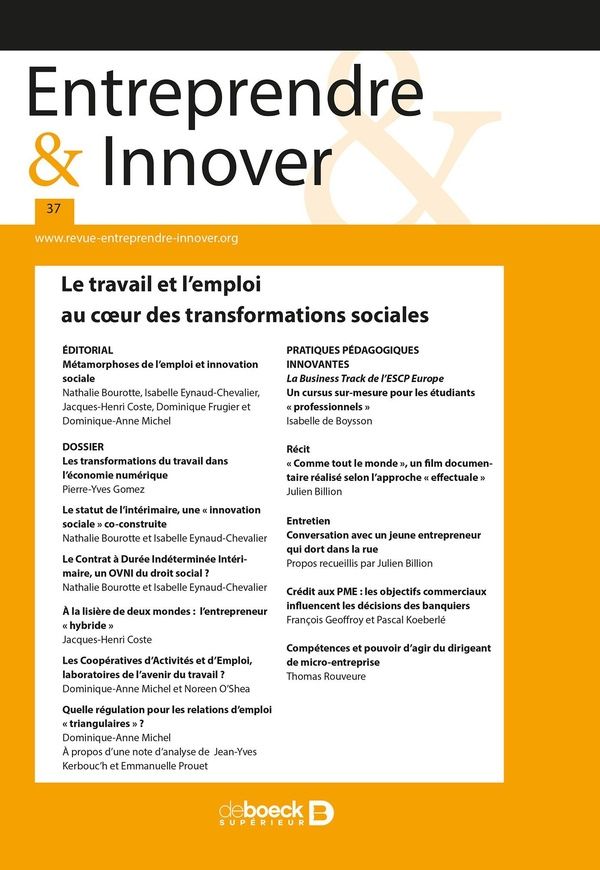 Couverture du livre « ENTREPRENDRE & INNOVER 2018/2 - 37 - LE TRAVAIL ET LEMPLOI AU COEUR DES TRANSFORMATIONS SOCIALES » de Collectif, librairie Les Contes Infusés à Corte