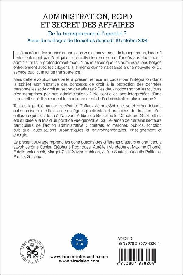 Quatrième de couverture de « Administration, RGPD et secret des affaires : de la transparence à l'opacité ? »