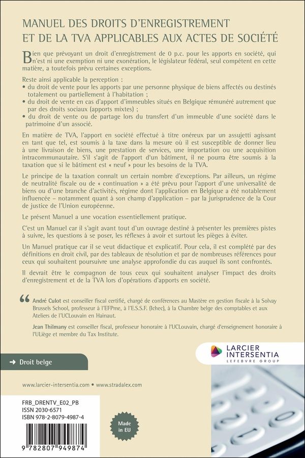 Quatrième de couverture de « Manuel des droits d'enregistrement et de la TVA applicables aux actes de société »