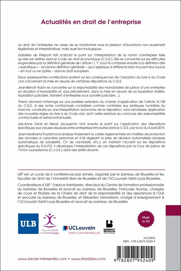 Quatrième de couverture de « ACTUALITES EN DROIT DE L'ENTREPRISE »