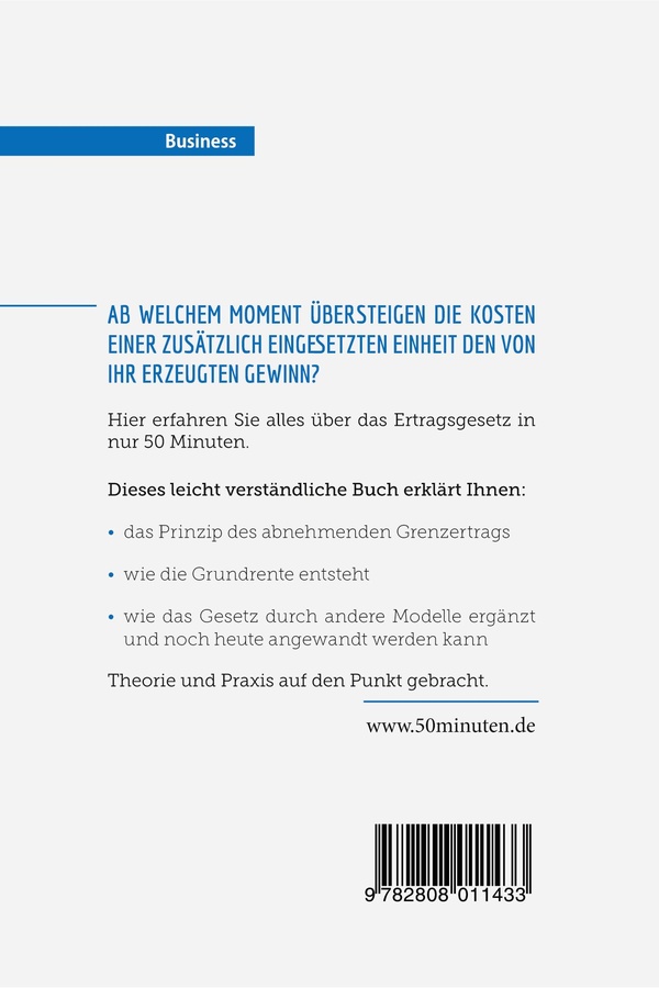 Quatrième de couverture de « DAS ERTRAGSGESETZ - ABNEHMENDER GRENZERTRAG NACH RICARDO UND MARSHALL »