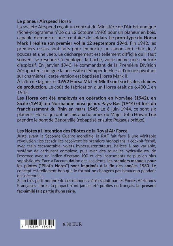 Quatrième de couverture de « Notes pour les pilotes du planeur HORSA I et II : avec annexes pour les pilotes d'avions remorqueurs »