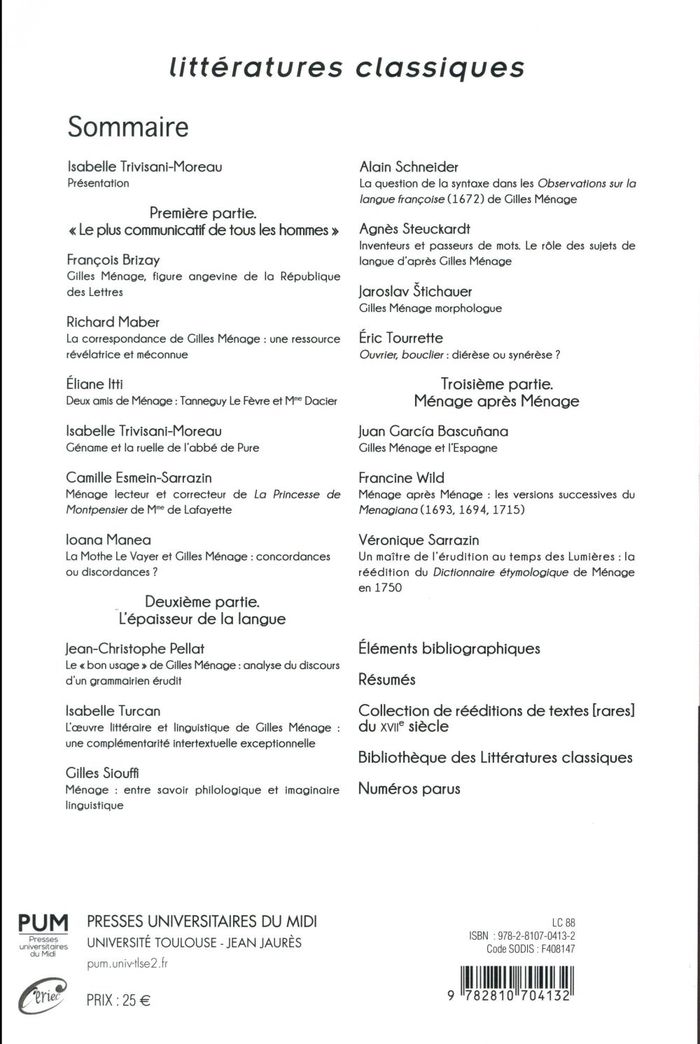 Quatrième de couverture de « GILLES MENAGE UN HOMME DE LANGUE DANS LA REPUBLIQUE DES LETTRES »
