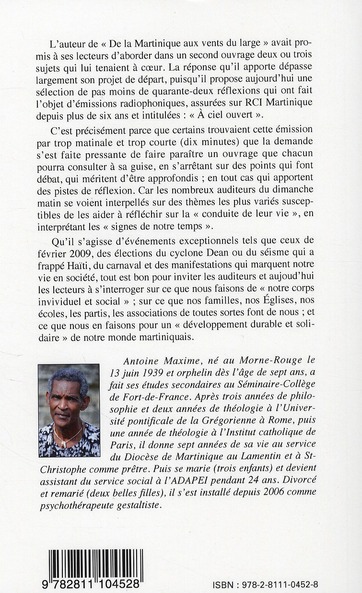 Quatrième de couverture de « A CIEL OUVERT. CHRONIQUES MATINALES DE RADIO-CARAIBE (MARTINIQUE) »