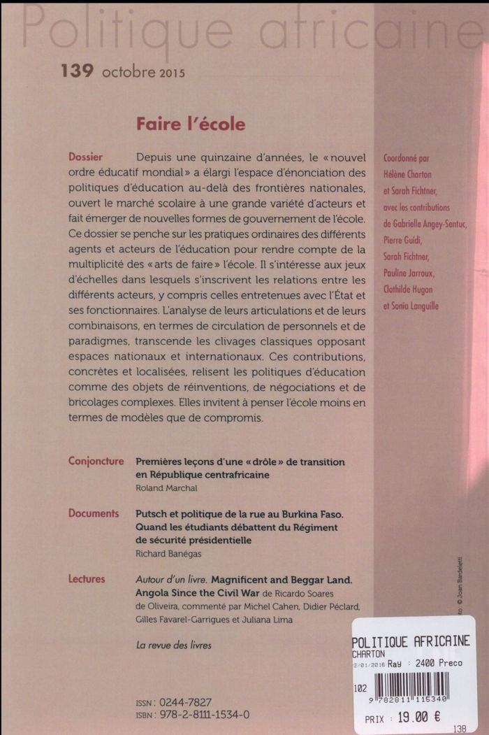 Quatrième de couverture de « POLITIQUE AFRICAINE N-139. FAIRE L'ECOLE »