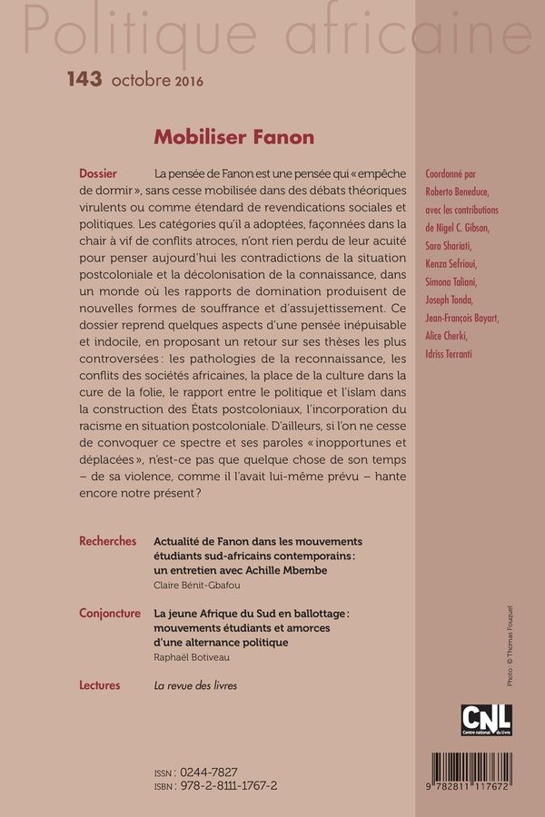 Quatrième de couverture de « POLITIQUE AFRICAINE N-143. MOBILISER FANON »