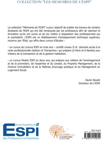 Quatrième de couverture de « LES FRAIS FINANCIERS DANS UN BILAN DE PROMOTION IMMOBILIERE ET TERTIAIRE »