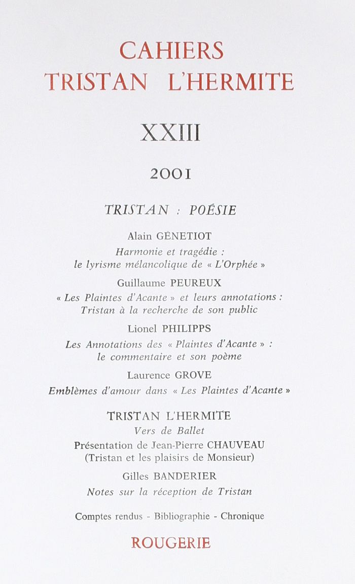 Couverture du livre « CAHIERS TRISTAN L'HERMITE - 2001, N  23 » de Collectif, librairie Les Contes Infusés à Corte
