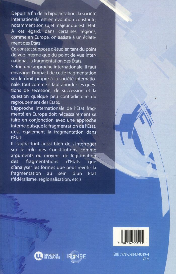 Quatrième de couverture de « ETATS FRAGMENTES »