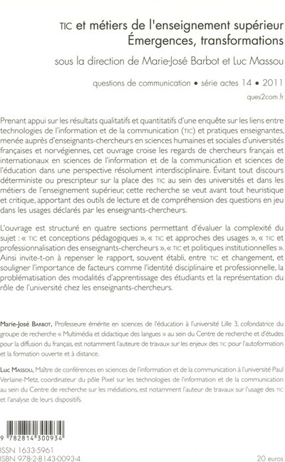 Quatrième de couverture de « QUESTIONS DE COMMUNICATION, SERIE ACTES 14 / 2011 »