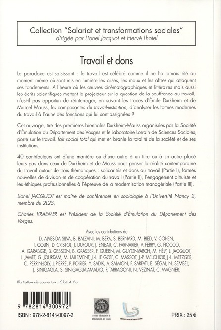 Quatrième de couverture de « TRAVAIL ET DONS »