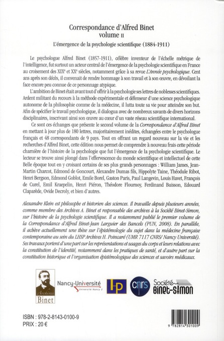 Quatrième de couverture de « CORRESPONDANCE D'ALFRED BINET, VOLUME II »