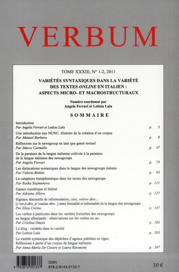 Quatrième de couverture de « VERBUM, TOME XXXIII, N  1-2/2011 »