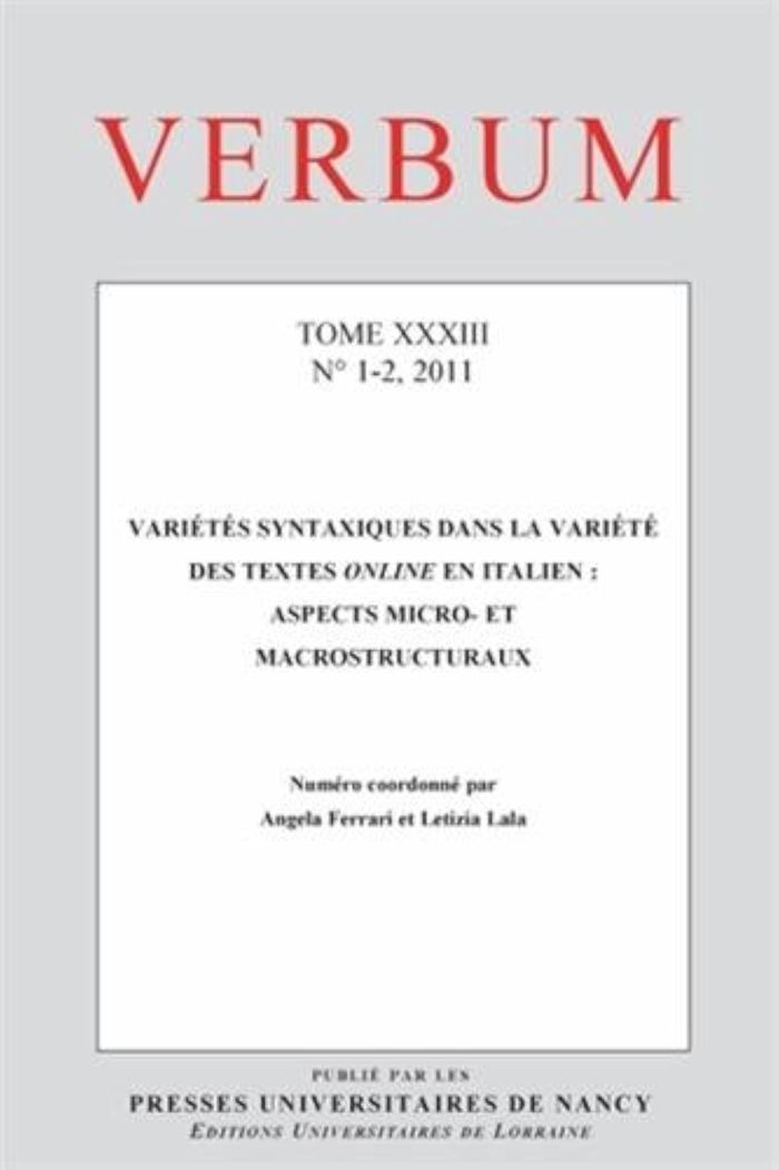 Couverture du livre « VERBUM, TOME XXXIII, N  1-2/2011 » de Angela Ferrari, librairie Les Contes Infusés à Corte