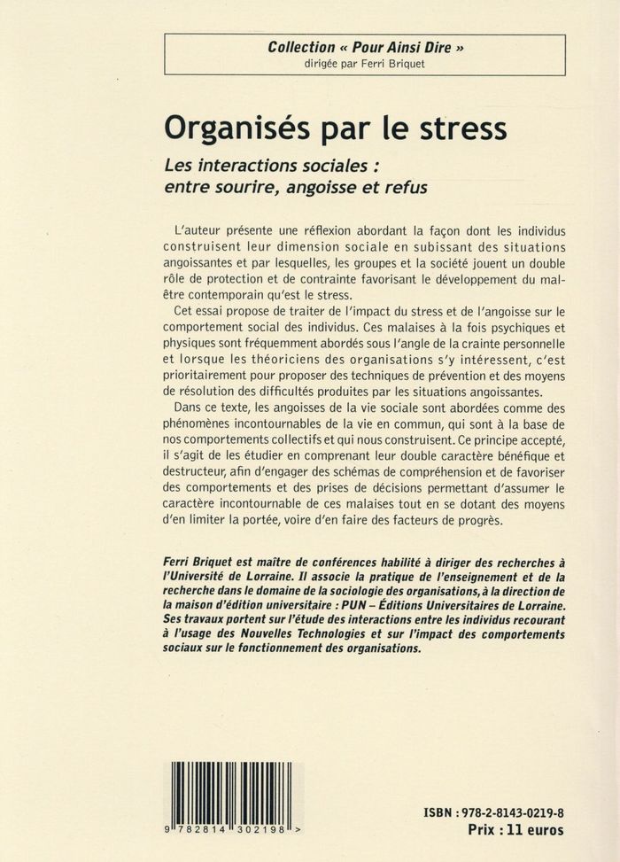 Quatrième de couverture de « ORGANISES PAR LE STRESS »
