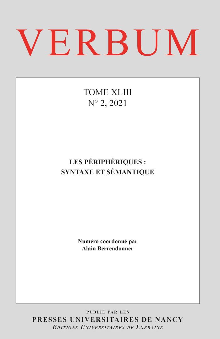 Couverture du livre « VERBUM, TOME XLIII, N  2/2021 » de Alain Berrendonner, librairie Les Contes Infusés à Corte