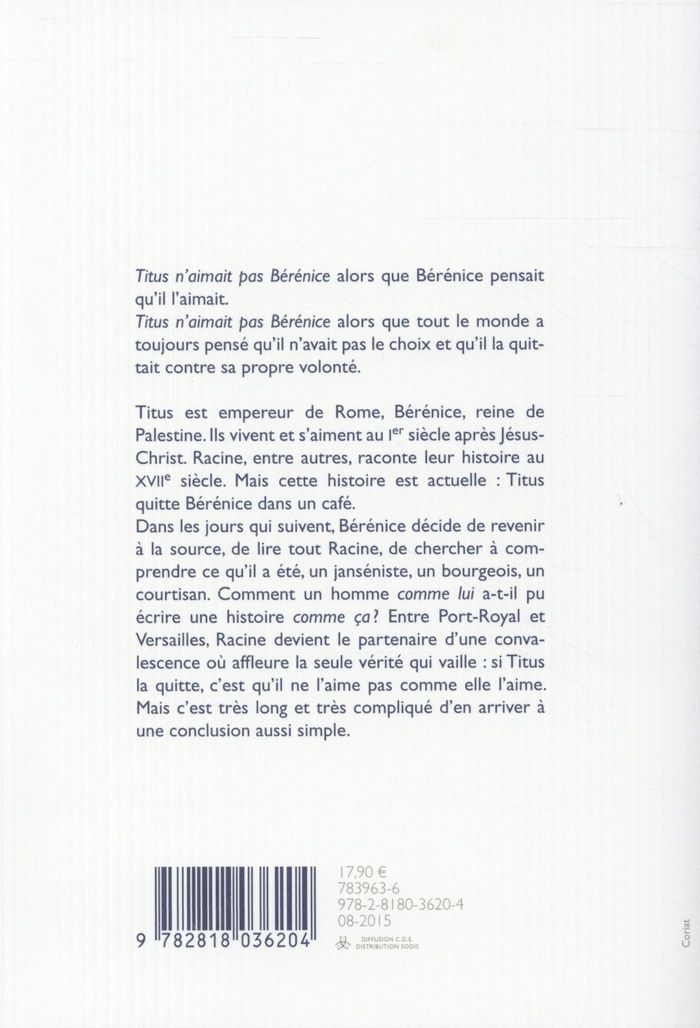 Quatrième de couverture de « Titus n'aimait pas Bérénice : roman »