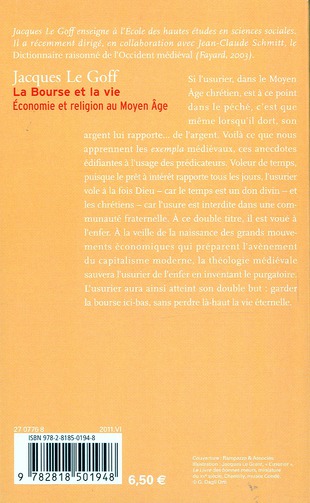 Quatrième de couverture de « La bourse et la vie : économie et religion au Moyen âge »
