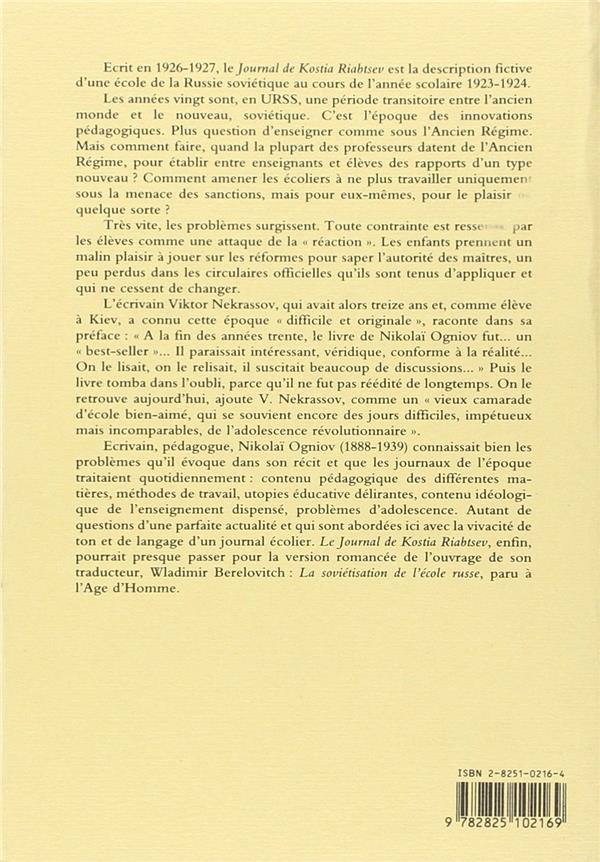 Quatrième de couverture de « JOURNAL DE KOSTIA RIABTSEV »