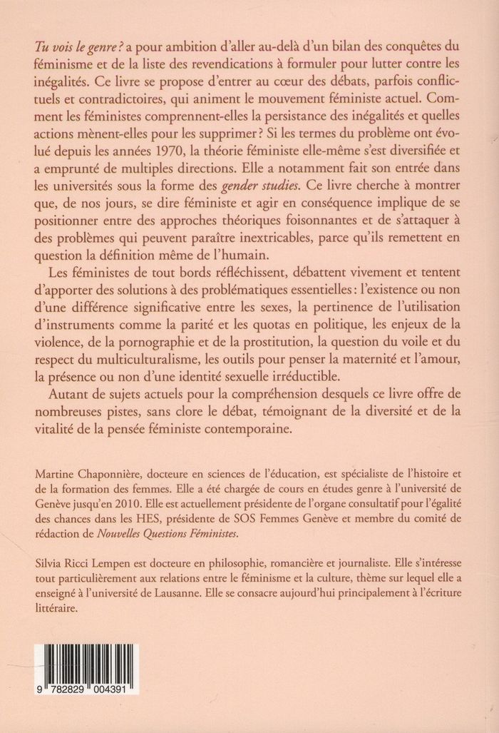Quatrième de couverture de « TU VOIS LE GENRE ? - DEBATS FEMINISTES CONTEMPORAINS »