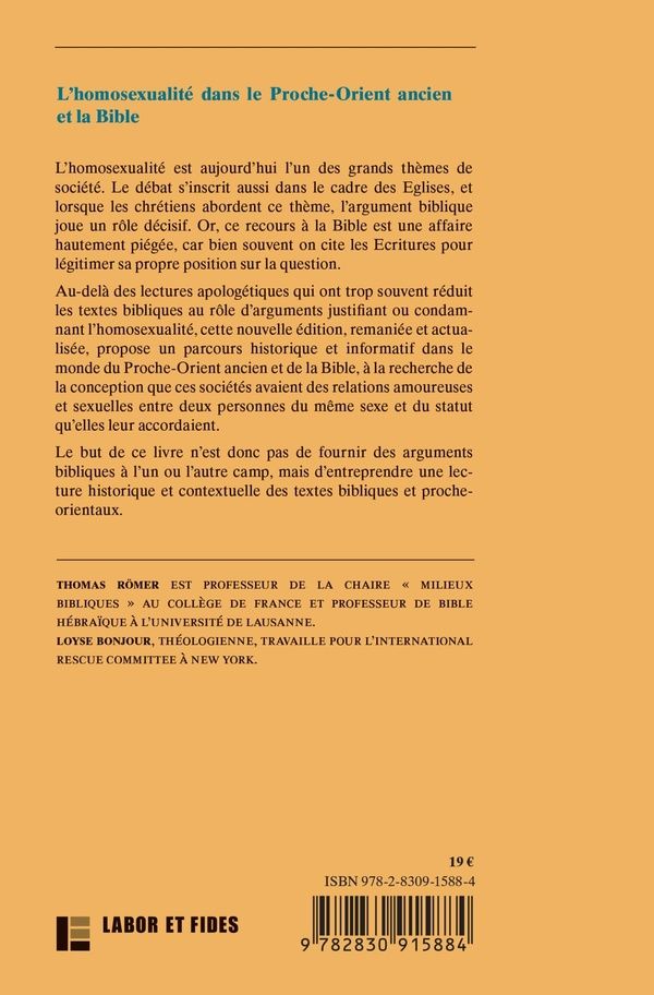 Quatrième de couverture de « L'homosexualité dans le Proche-Orient ancien et la Bible »