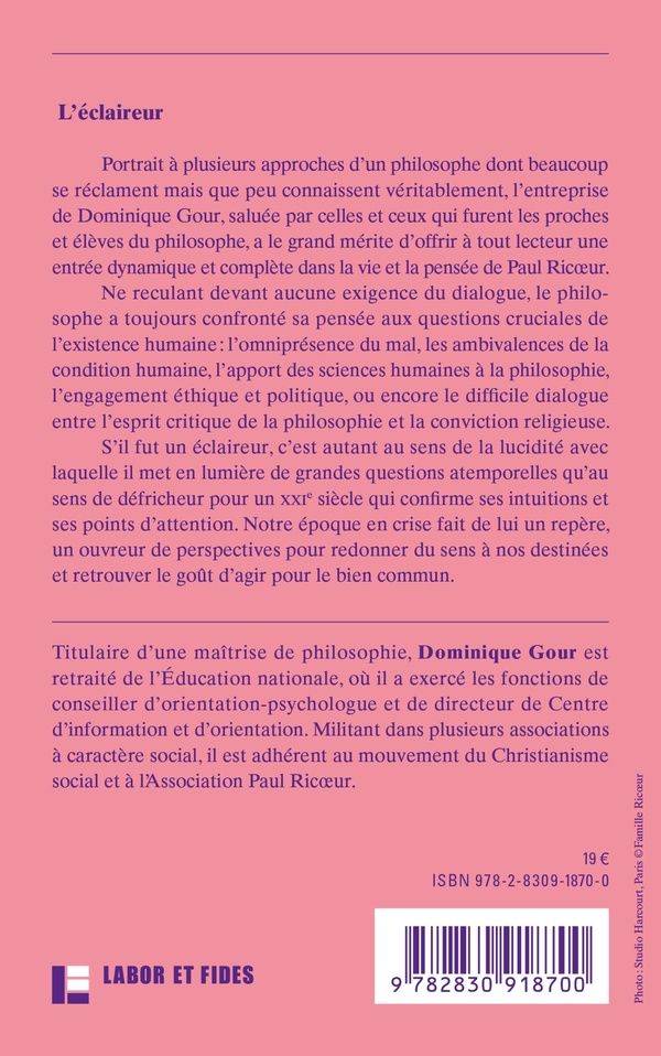 Quatrième de couverture de « L'éclaireur : penser pour agir avec Paul Ricoeur »