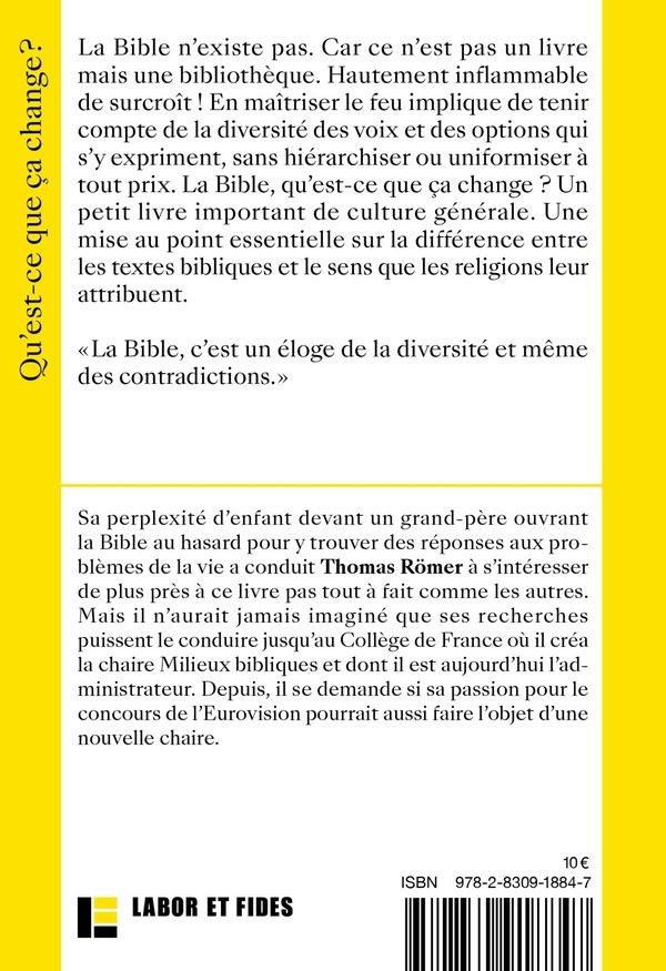 Quatrième de couverture de « La Bible : qu'est-ce que ça change ? »