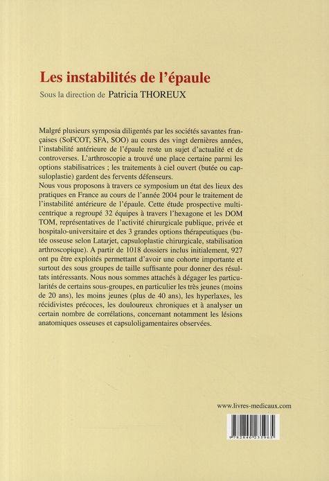 Quatrième de couverture de « LES INSTABILITES DE L'EPAULE - COLLECTION MONOGRAPHIE DU GEEC »