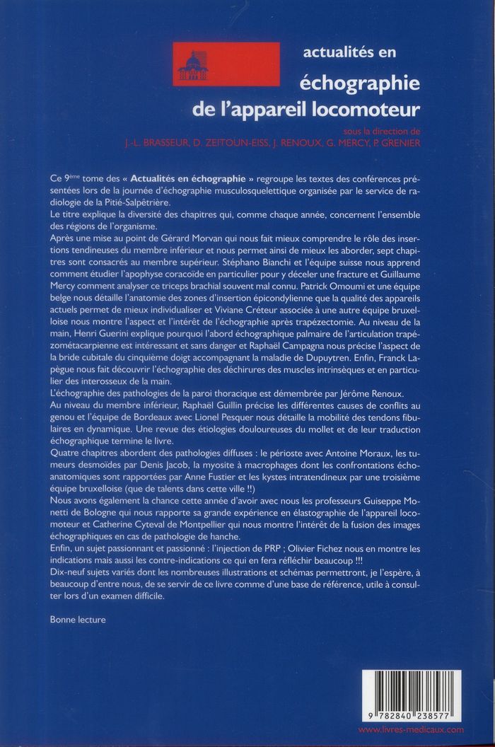 Quatrième de couverture de « ACTUALITES EN ECHOGRAPHIE DE L'APPAREIL LOCOMOTEUR T 9 »