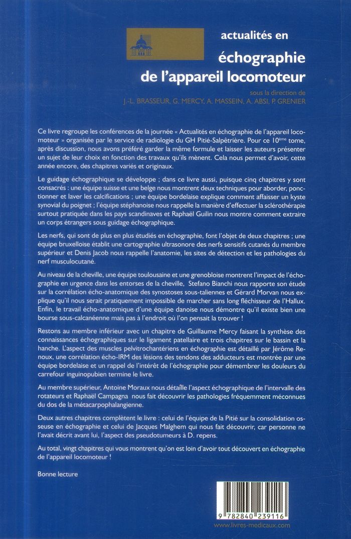Quatrième de couverture de « ACTUALITES EN ECHOGRAPHIE DE L'APPAREIL LOCOMOTEUR T 10 »