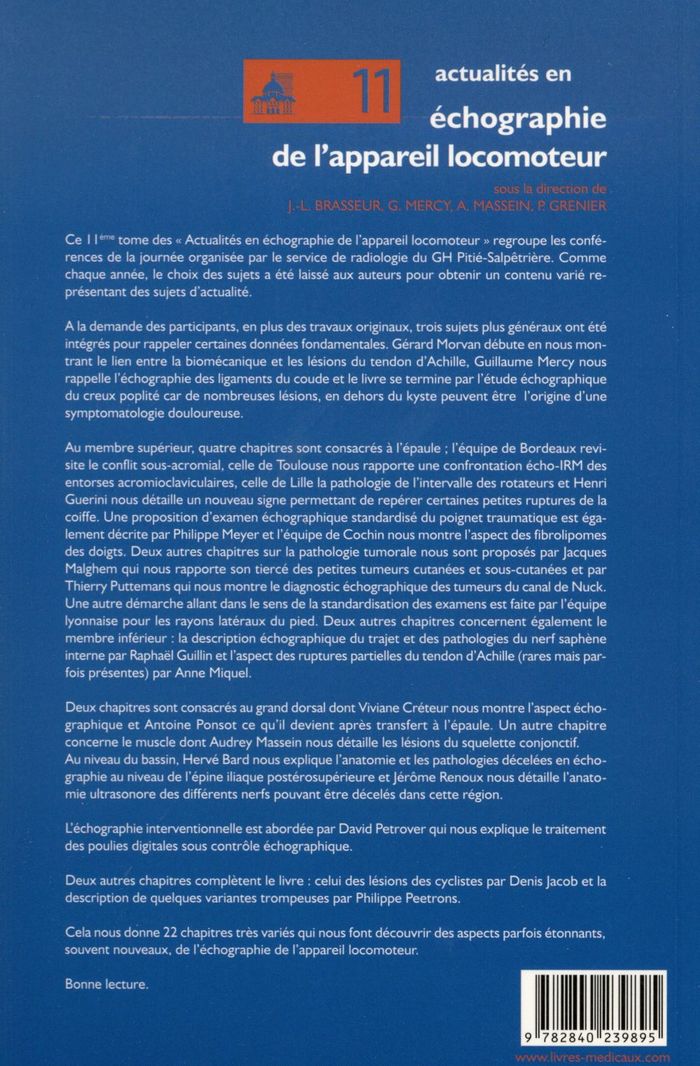 Quatrième de couverture de « ACTUALITES EN ECHOGRAPHIE DE L APPAREIL LOCOMOTEUR T.11 »