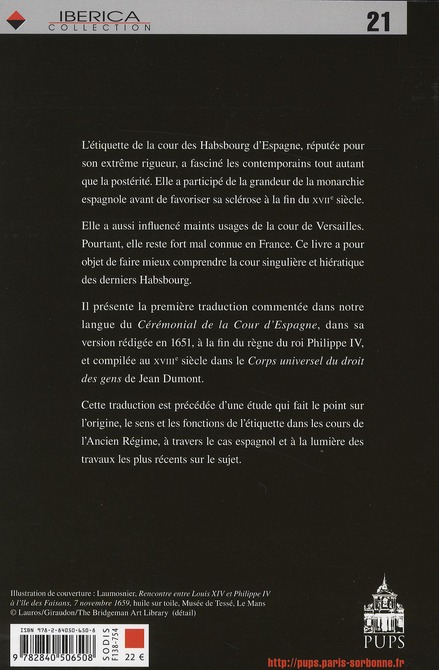Quatrième de couverture de « CEREMONIAL A LA COUR D'ESPAGNE AU XVIIE SIECLE »