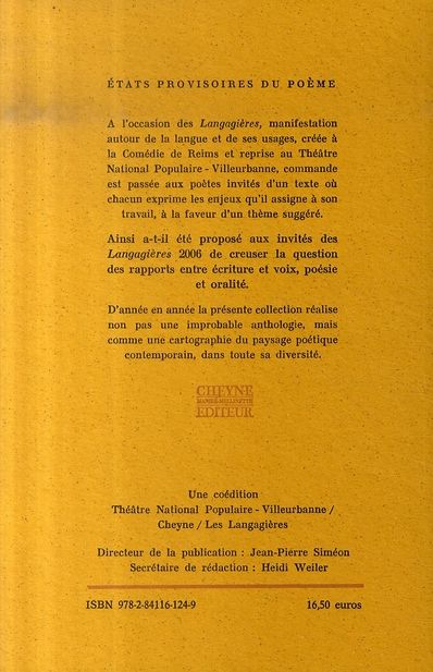 Quatrième de couverture de « États provisoires du poème »